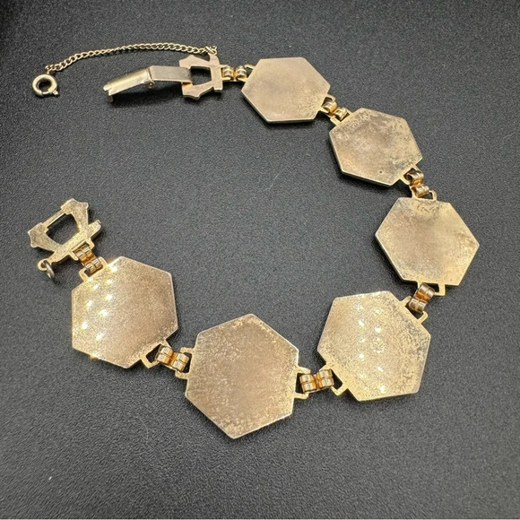 Mother of Pearl Gold Tone Hexagonal Art Deco Bracelet with Safety - Picture 6 of 14